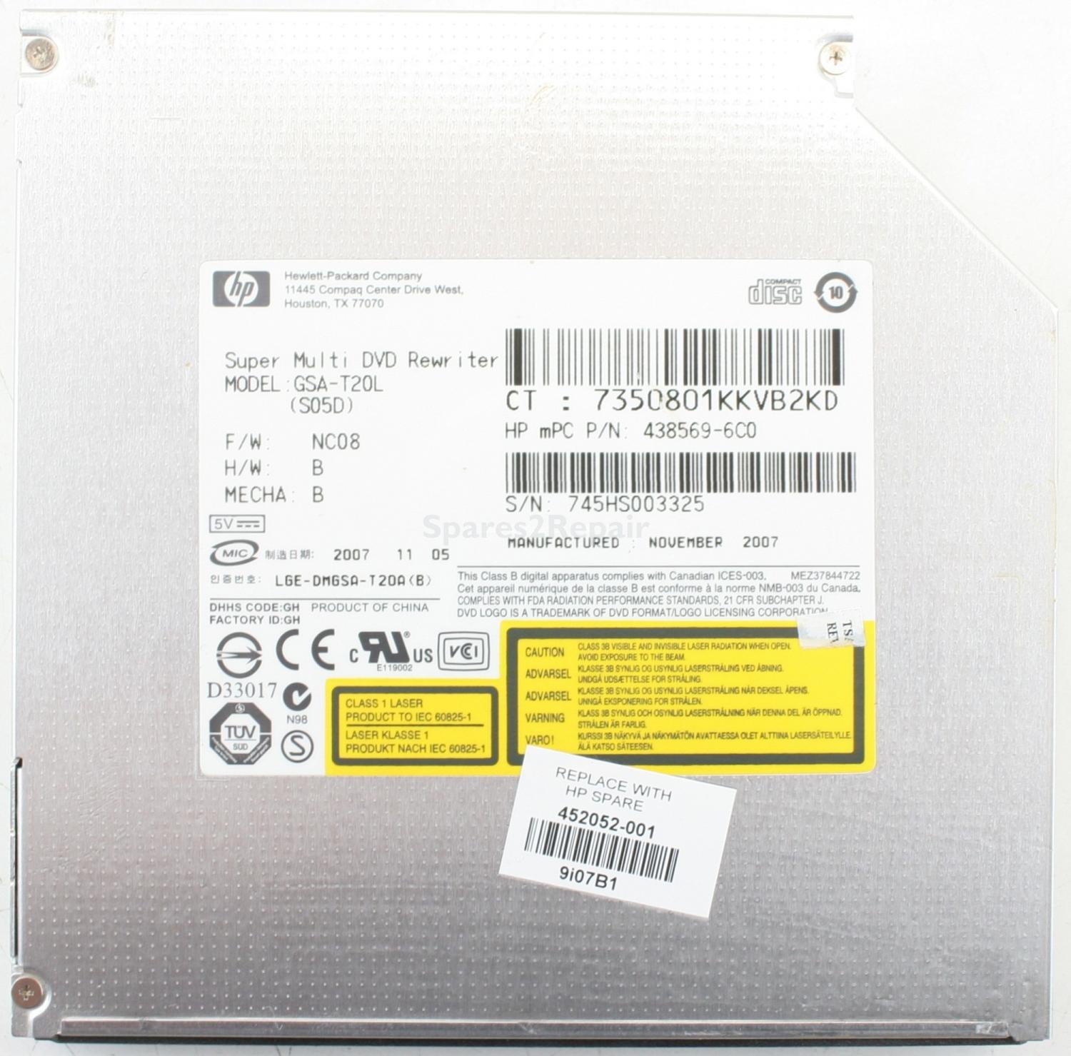 Hewlett Packard - DVD-RW - GSA-T20L - LGE-DMGSA-T20A(B) - 438569-6C0 - PATA